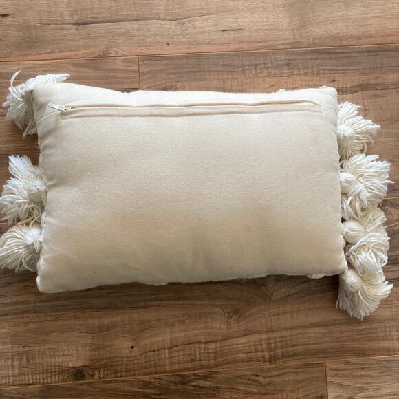 Creative Co-op Lumbar Pillow Cream Textured Tassels Poms Chevron Boho 14x8.5 - Picture 2 of 11